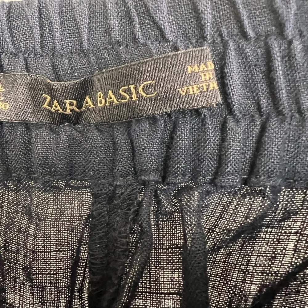 ZARA BASIC Black Linen Elastic waist Pants w/clasp & zipper Closure. Size Large